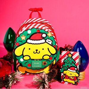 Loungefly Sanrio Pompompurin Santa Hat Light Up Mini Backpack and Cardholder Set